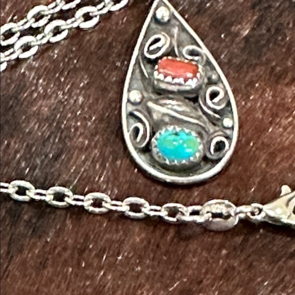 Sterling Silver Turquoise & Coral Teardrop Pendant Necklace